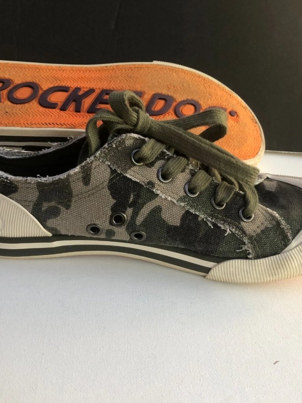 Rocket Dog Women& Sneaker Canvas Lace-up Gray Camo Shoes Sz 6.5 Frayed Edges - Picture 8 of 13